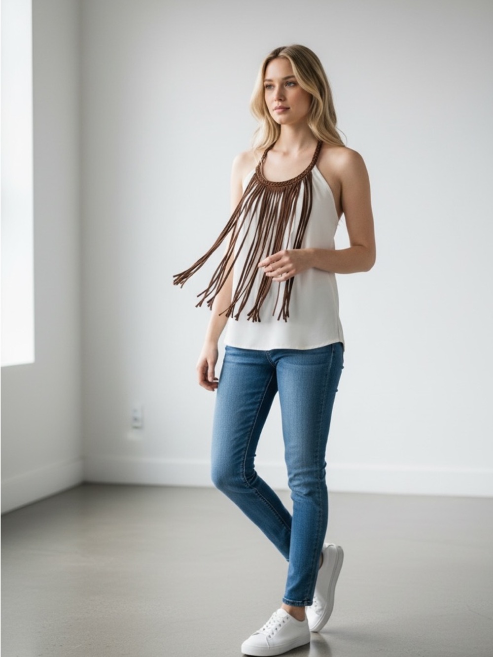 Sky Halter Top XS White with Brown Braided Fringe Boho festival